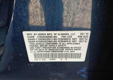 2013 Honda Pilot Ex-L z USA, uszkodzony, nr VIN 5FNYF4H67DB052590